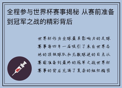 全程参与世界杯赛事揭秘 从赛前准备到冠军之战的精彩背后